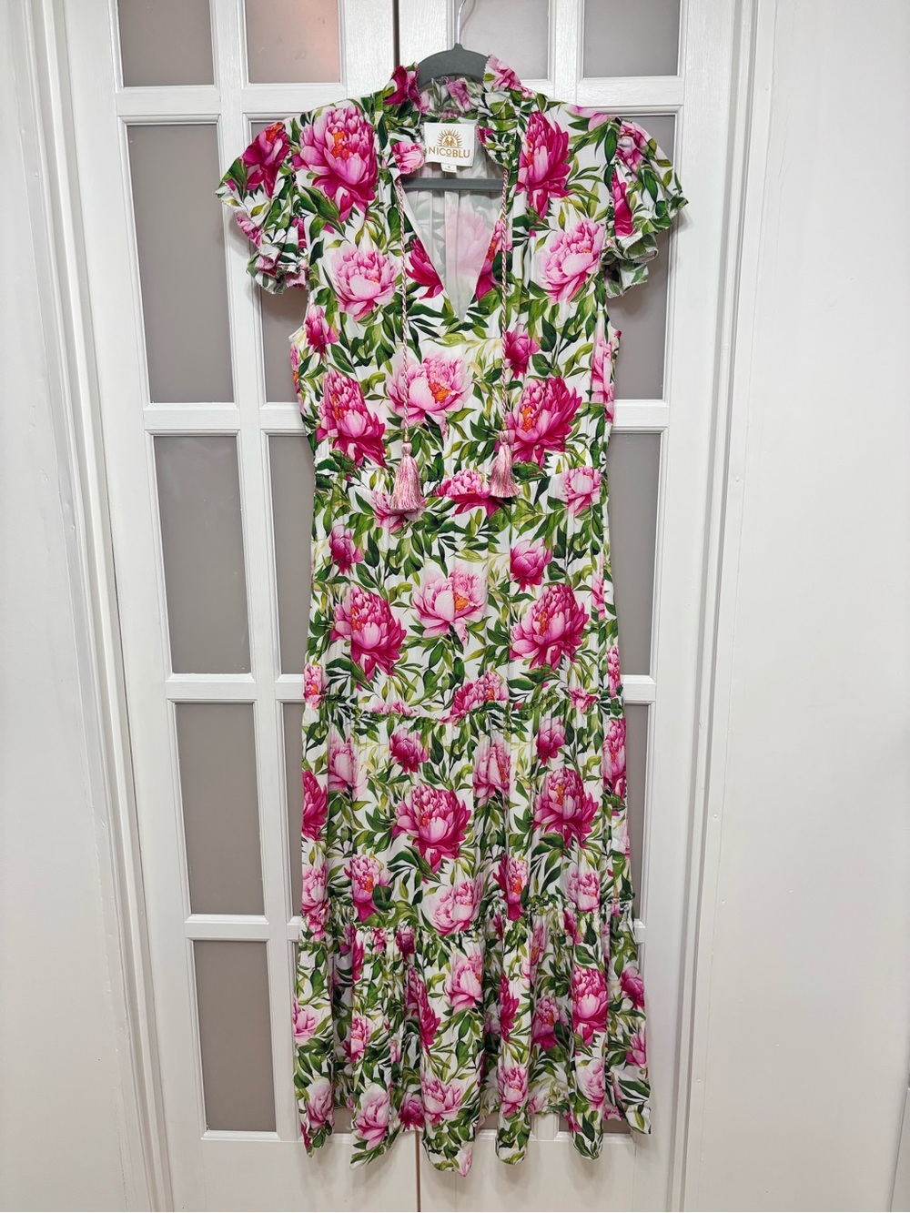 Nicoblu Size 8 Pink Peony Floral Maxi Dress Tiered Ruffle Tassel Boho